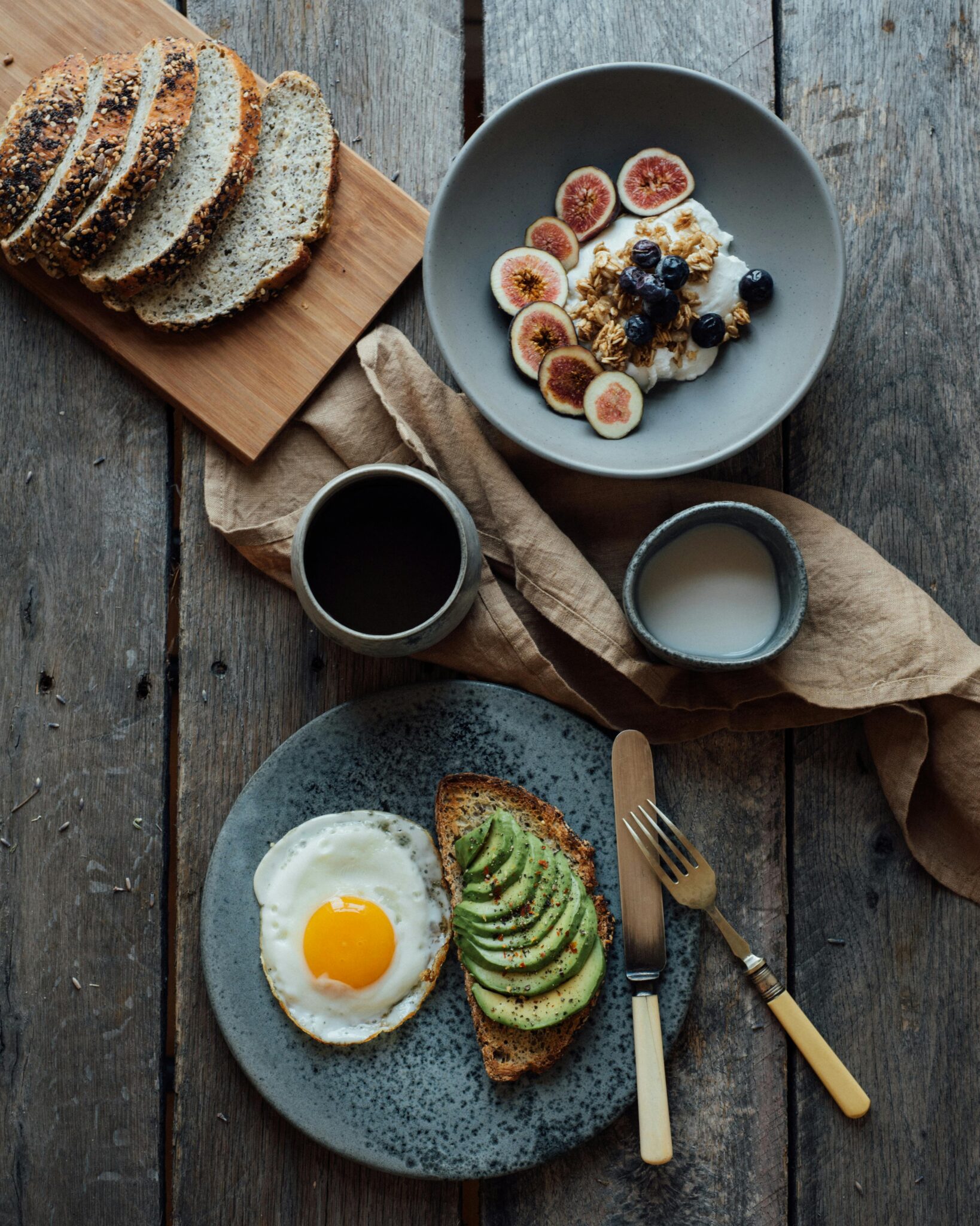 Healthy breakfast with avocado toast, egg, and granola for Protein Timing Over 40.