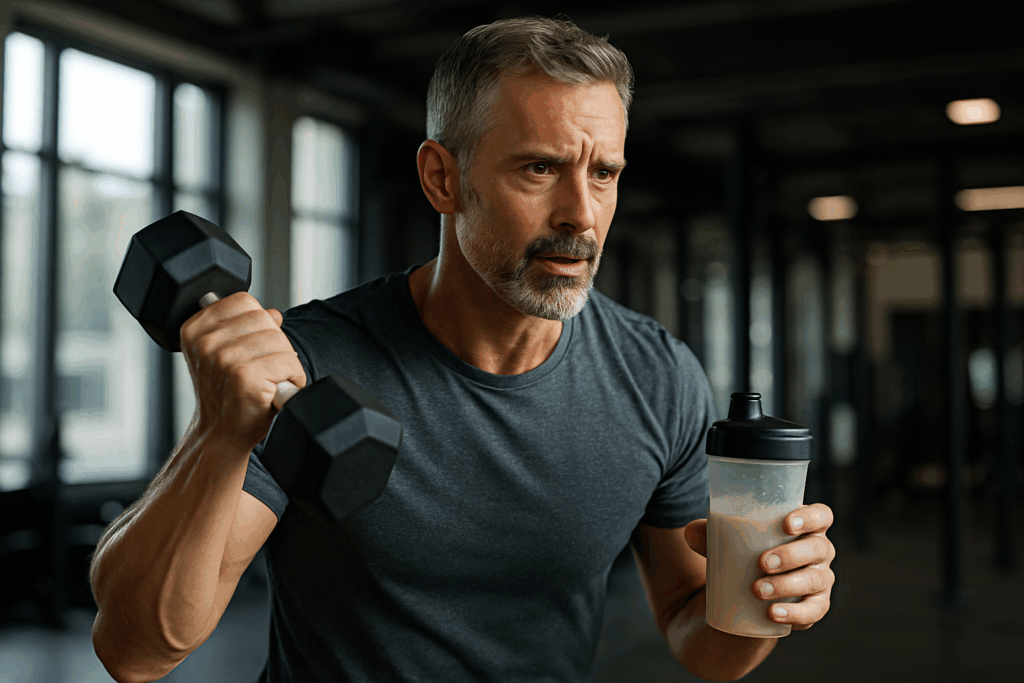 Middle-aged man training with dumbbells to support leucine muscle building over 40 – representing strength, fitness, and targeted protein intake.