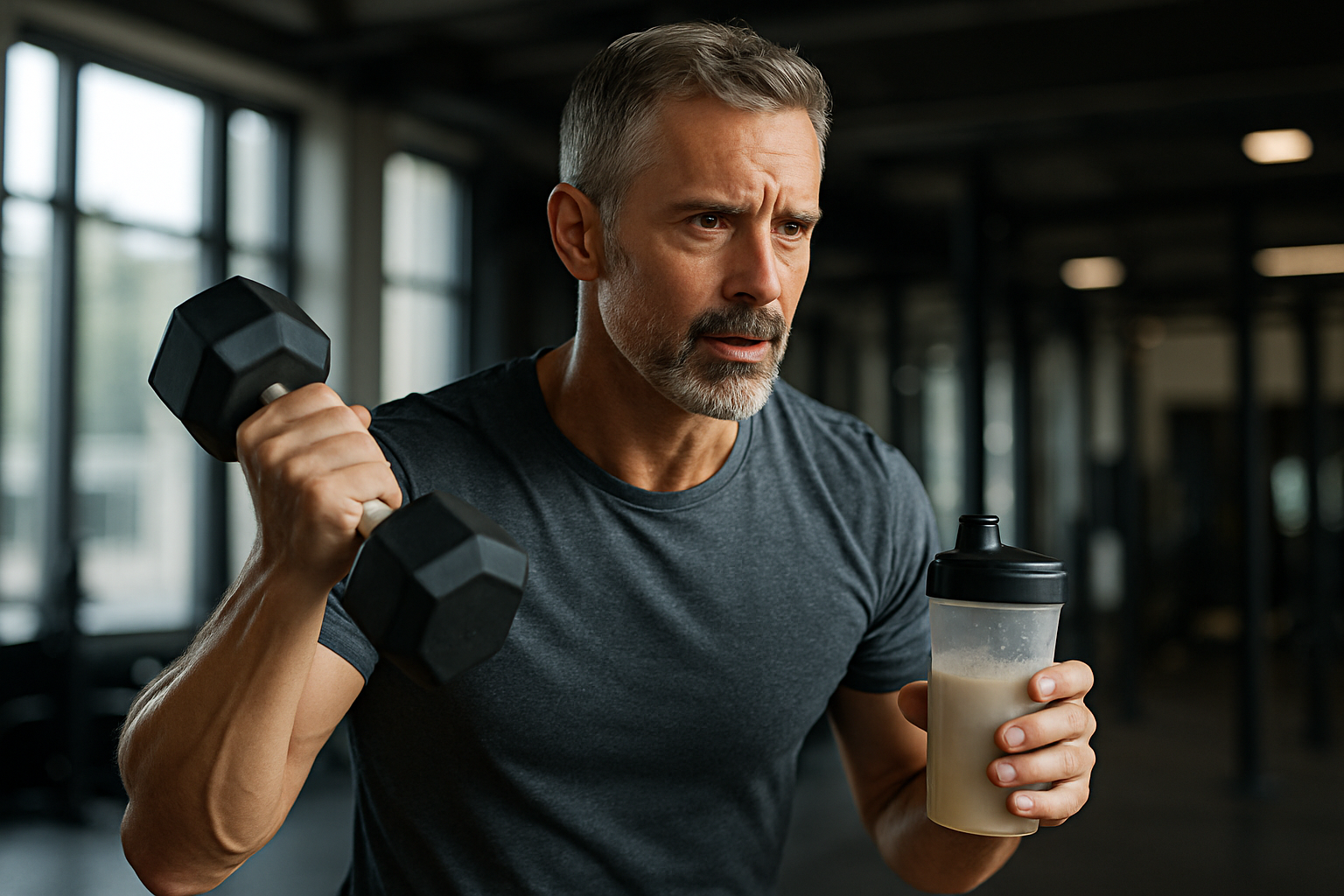 Middle-aged man training with dumbbells to support leucine muscle building over 40 – representing strength, fitness, and targeted protein intake.