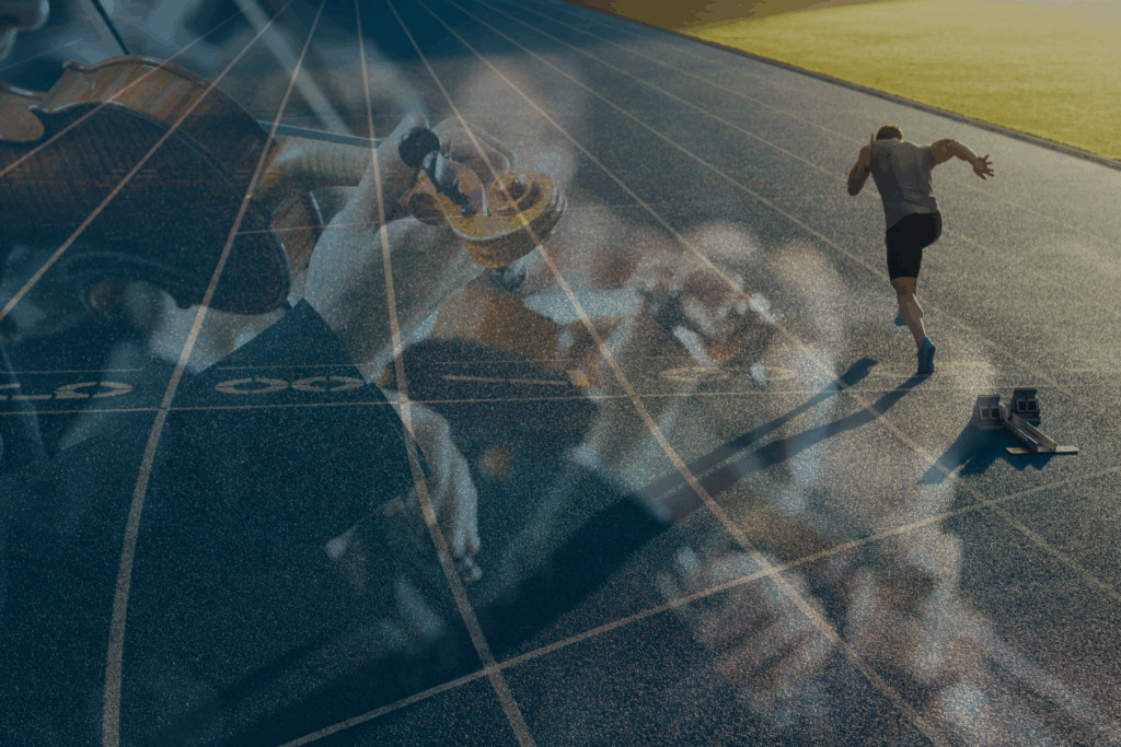 Ein Sprinter auf der Laufbahn, überlagert von einem Orchester – Symbol für das Zusammenspiel von Muskeln und Nerven im Alter und den Erhalt der Schnellkraft.