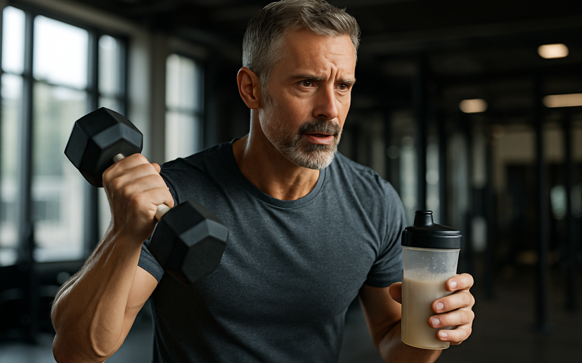 Middle-aged man training with dumbbells to support leucine muscle building over 40 – representing strength, fitness, and targeted protein intake.
